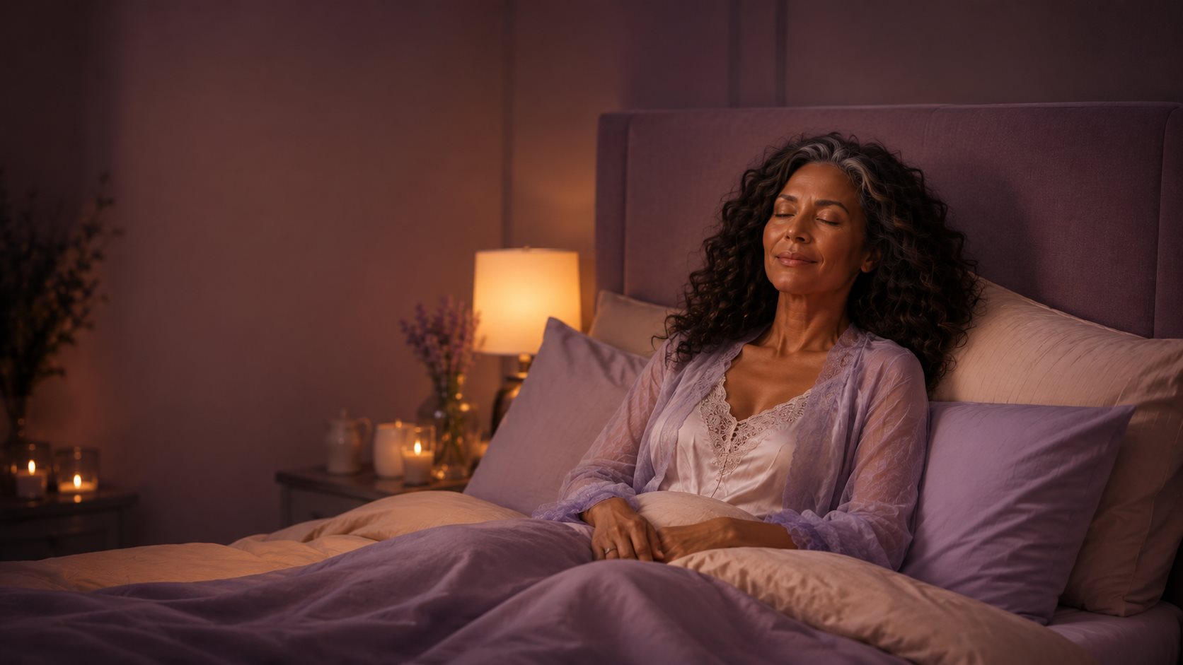 Mulher relaxada e tranquila na cama, quarto iluminado por velas