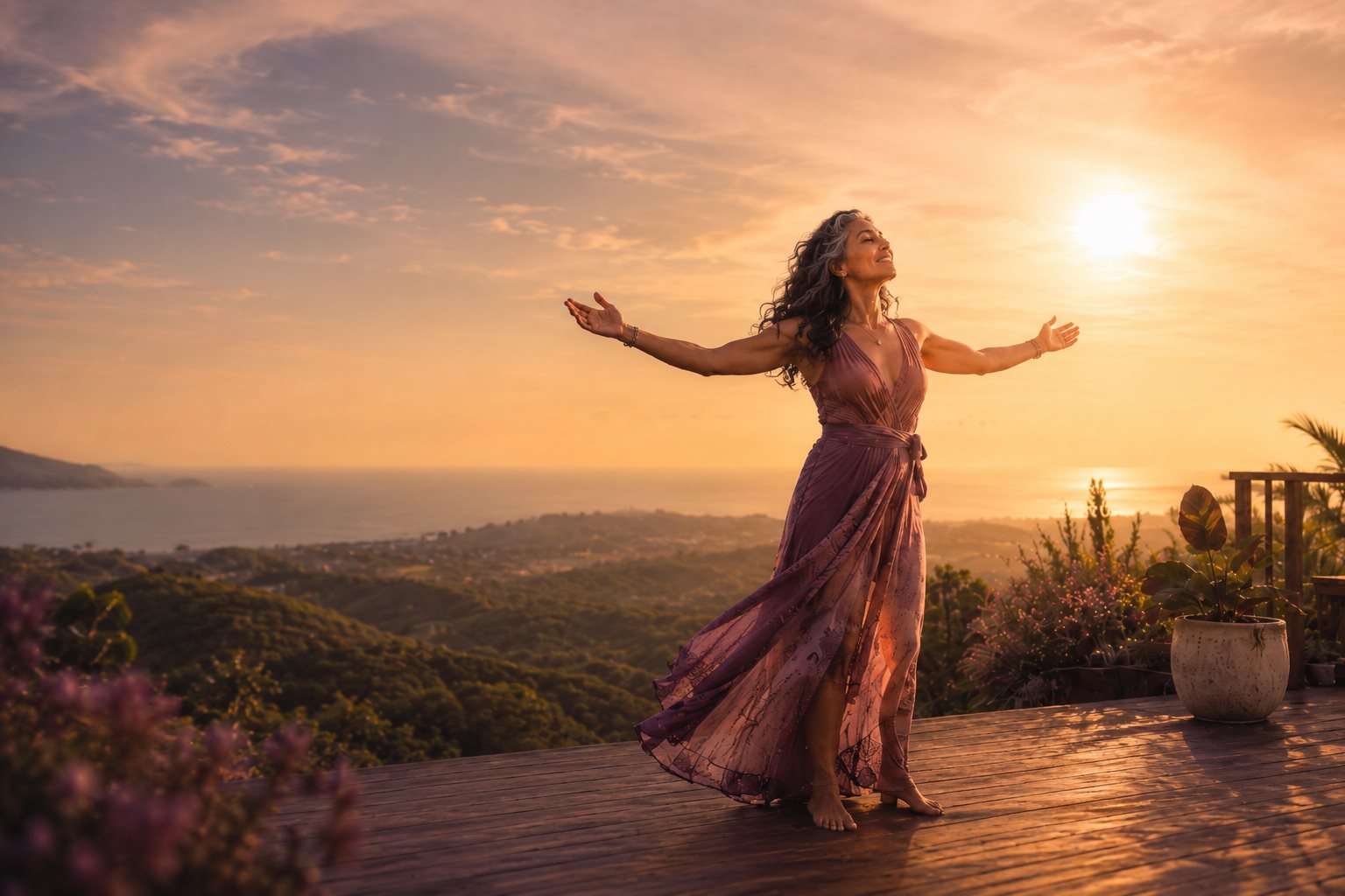 Mulher de braços abertos ao entardecer, mirante com vista para o mar