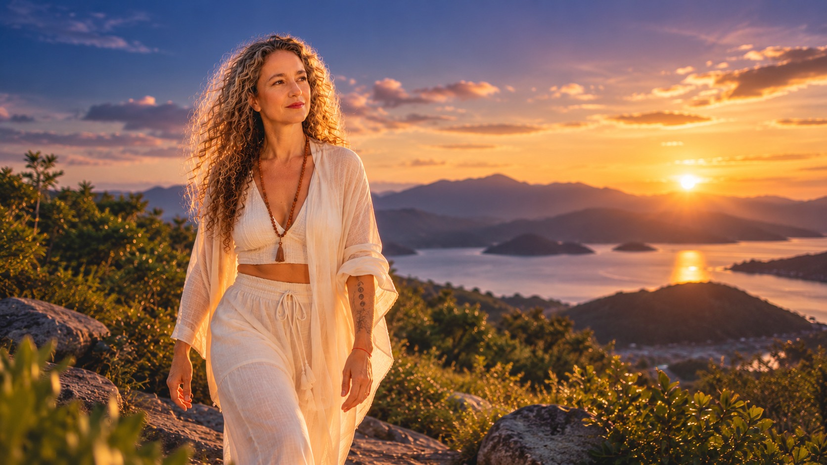 Mulher madura em ambiente natural, sentada no chão em postura confortável de Yoga, com expressão serena e presença corporal. A cena tem luz natural suave, vegetação ao redor e atmosfera de maturidade, força e recolhimento, sem símbolos médicos e sem texto sobre a imagem.