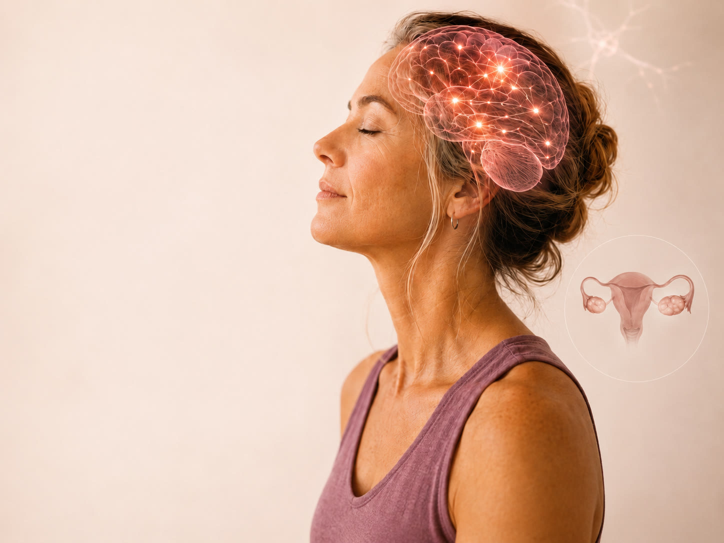 Mulher de olhos fechados com ilustração do cérebro sobreposta, ao lado de uma ilustração dos ovários, representando a conexão neuroendócrina da menopausa